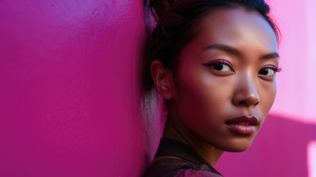 Young diverse woman against a vibrant colored wallの素材