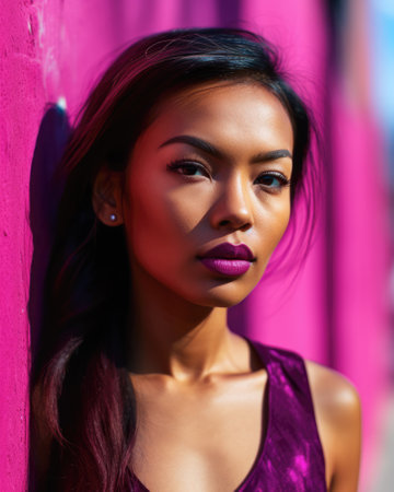 Young diverse woman against a vibrant colored wallの素材
