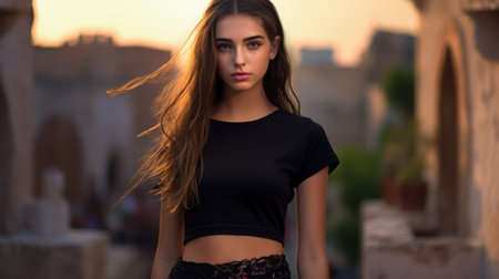Portrait of a young woman on an outdoors setting at duskの素材