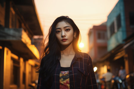 Portrait of a young woman on an outdoors setting at duskの素材