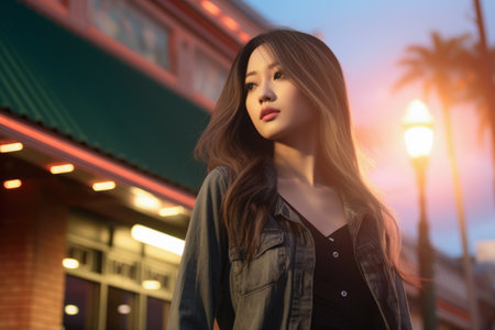 Portrait of a young woman on an outdoors setting at duskの素材