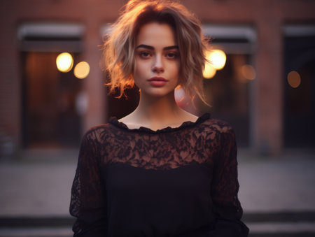 Portrait of a young woman on an outdoors setting at duskの素材