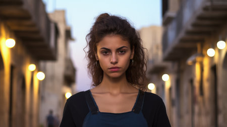 Portrait of a young woman on an outdoors setting at duskの素材