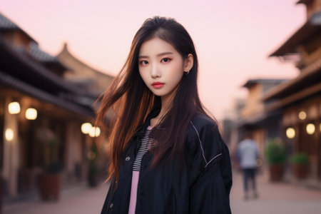 Portrait of a young Asian woman on an outdoors setting at duskの素材