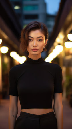 Portrait of a young Asian woman on an outdoors setting at duskの素材