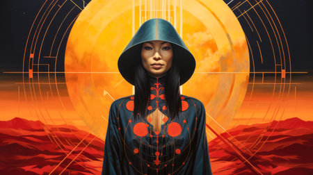 Asian woman connecting in harmony with the cosmos. Cosmic meditation abstract art concept.の素材