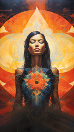 Asian woman connecting in harmony with the cosmos. Cosmic meditation abstract art concept.の素材