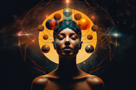Woman connecting in harmony with the cosmos. Cosmic meditation abstract art concept.の素材