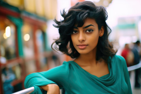 Fashionable young woman portrait in colorful sceneの素材