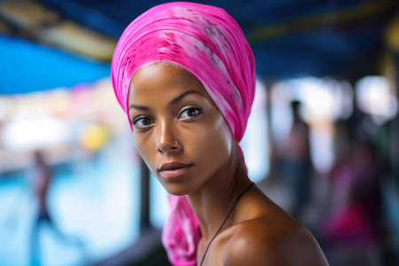 Fashionable young woman portrait in colorful sceneの素材