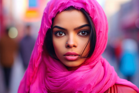 Fashionable young woman portrait in colorful sceneの素材