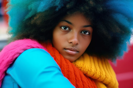 Fashionable young woman portrait in colorful sceneの素材