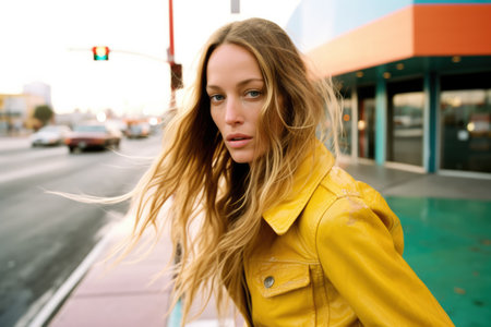 Fashionable young woman portrait in colorful sceneの素材