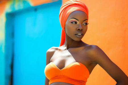 Fashionable young woman portrait in colorful sceneの素材