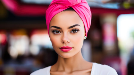 Fashionable young woman portrait in colorful sceneの素材