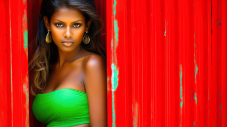 Fashionable young woman portrait in colorful sceneの素材