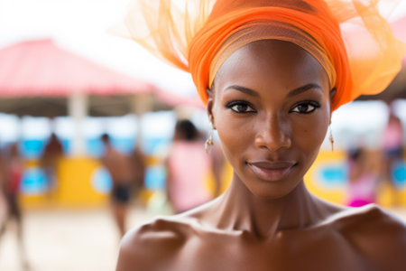 Fashionable young woman portrait in colorful sceneの素材
