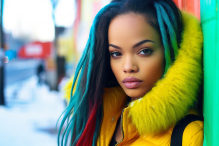 Fashionable young woman portrait in colorful sceneの素材