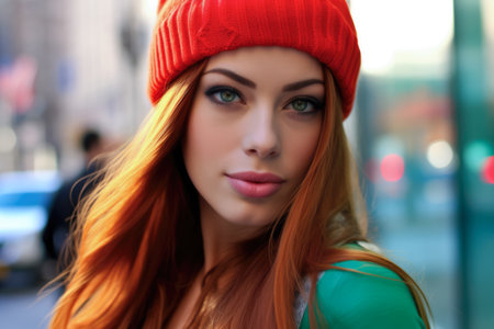 Fashionable young woman portrait in colorful sceneの素材