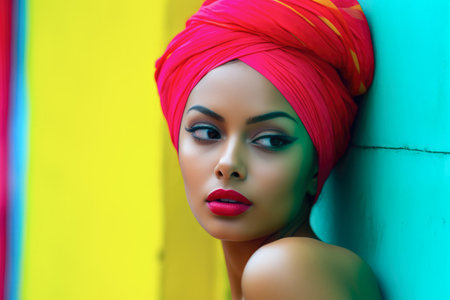 Fashionable young woman portrait in colorful sceneの素材