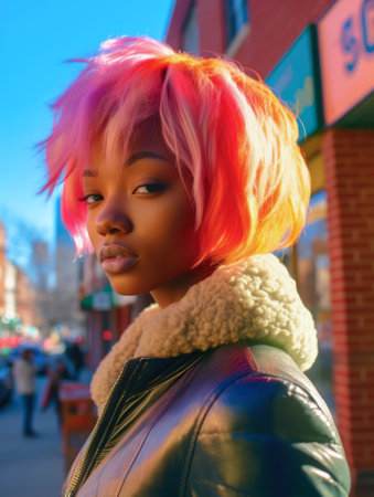 Fashionable young woman portrait in colorful sceneの素材