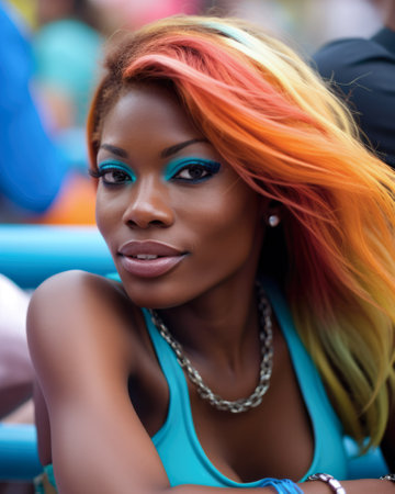 Fashionable young woman portrait in colorful sceneの素材