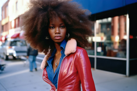 Fashionable young woman portrait in colorful sceneの素材