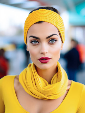 Fashionable young woman portrait in colorful sceneの素材