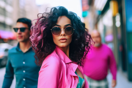 Fashionable young woman portrait in colorful sceneの素材