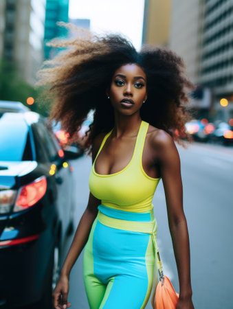 Fashionable young woman portrait in colorful sceneの素材