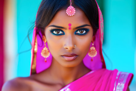 Fashionable young woman portrait in colorful sceneの素材