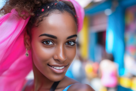 Fashionable young woman portrait in colorful sceneの素材