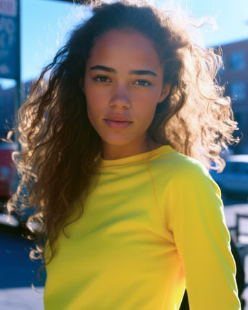 Fashionable young woman portrait in colorful sceneの素材