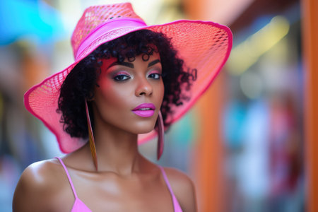 Fashionable young woman portrait in colorful sceneの素材