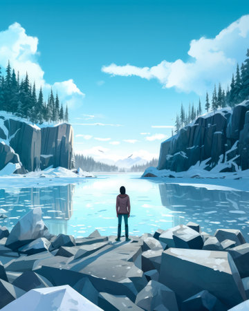 Serene winter landscape flat illustrationの素材