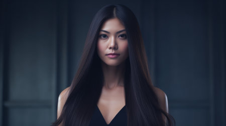 Young Asian woman portrait with luxurious flowing hairの素材