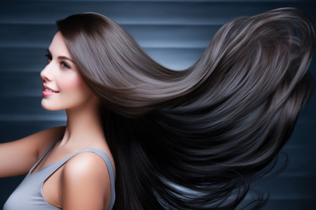 Young woman portrait with a flowing hairの素材