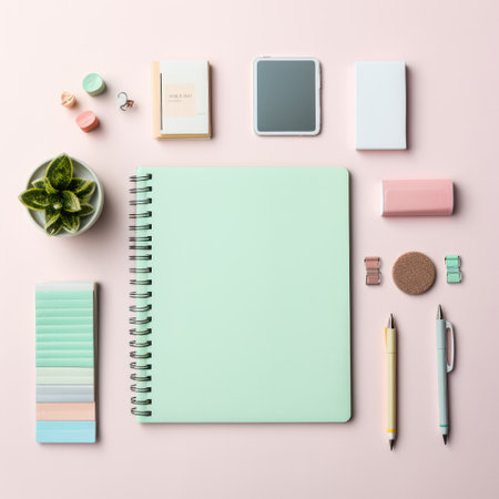 Flat lay of a serene and stylish creative workspaceの素材