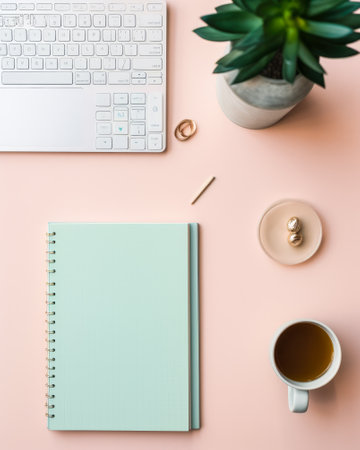 Flat lay of a serene and stylish creative workspaceの素材