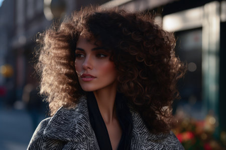 Young woman with curly hair in a city streetの素材
