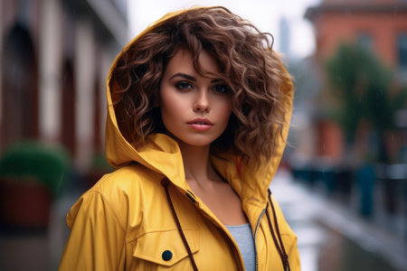 Young woman with curly hair in a city streetの素材