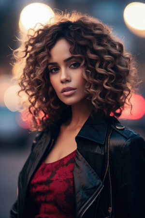 Young woman with curly hair in a city streetの素材