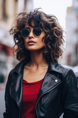 Young woman with curly hair in a city streetの素材