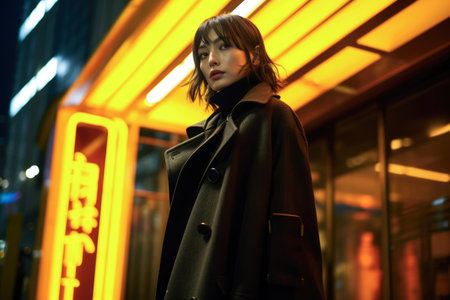 Portrait of a young Asian woman on a night city scene. Dark moody tonesの素材