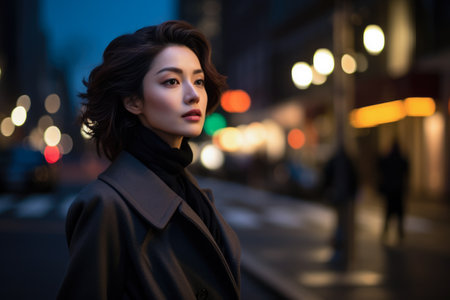 Portrait of a young Asian woman on a night city scene. Dark moody tonesの素材