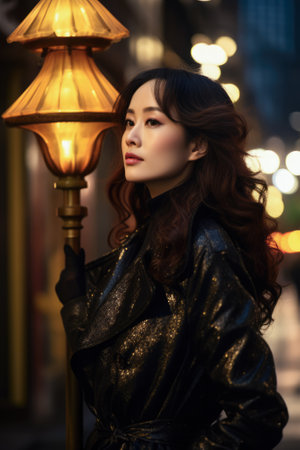 Portrait of a young Asian woman on a night city scene. Dark moody tonesの素材