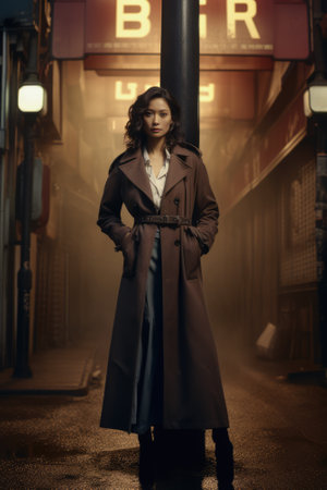 Portrait of a young Asian woman on a night city scene. Dark moody tonesの素材
