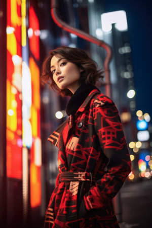 Portrait of a young Asian woman on a night city scene. Dark moody tonesの素材