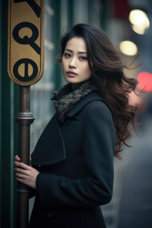 Portrait of a young Asian woman on a night city scene. Dark moody tonesの素材