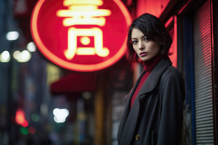 Portrait of a young Asian woman on a night city scene. Dark moody tonesの素材